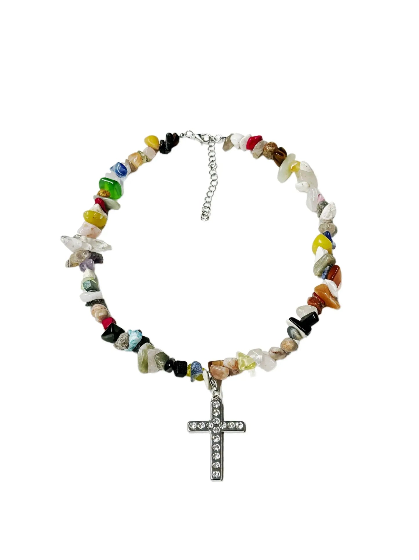 Colourful malachite beaded necklace with a zircon cross