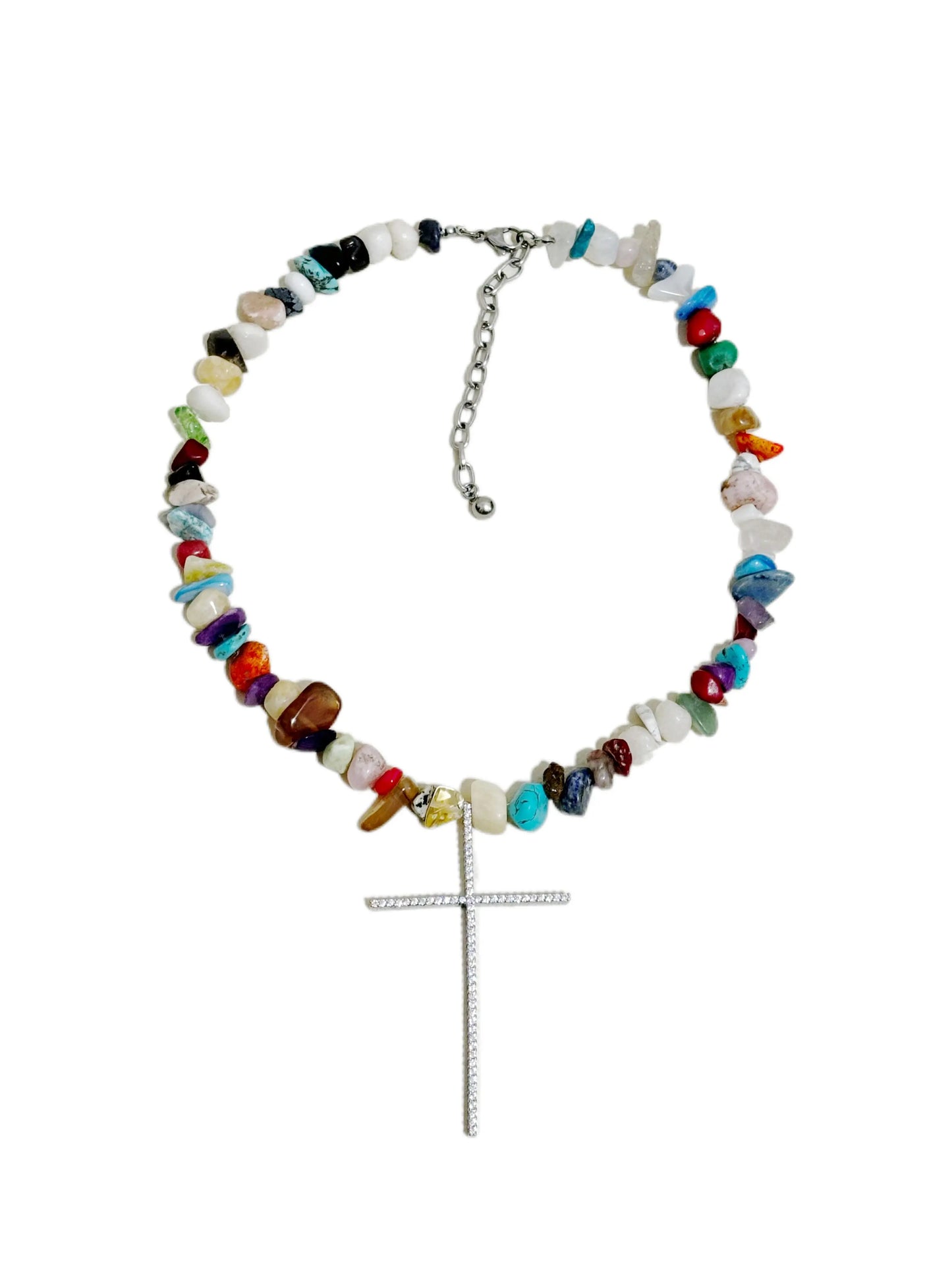 Colourful malachite beaded necklace with a zircon cross