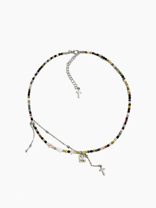Handmade beaded crystal and 18k gold beaded necklace | Stainless Steel & Zircon |42cm+extension 8cm