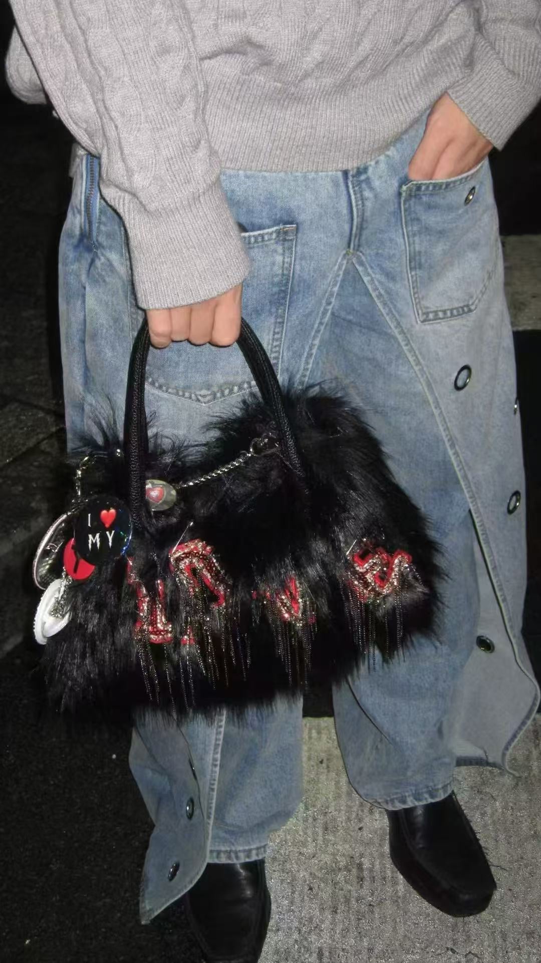 Edgy Black Faux Fur Love Embellished Bag|width 35cm| height 33cm