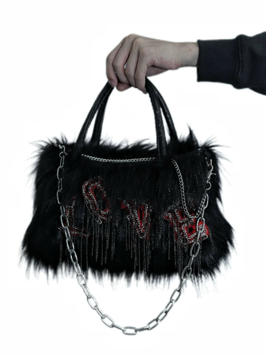 Edgy Black Faux Fur Love Embellished Bag|width 35cm| height 33cm