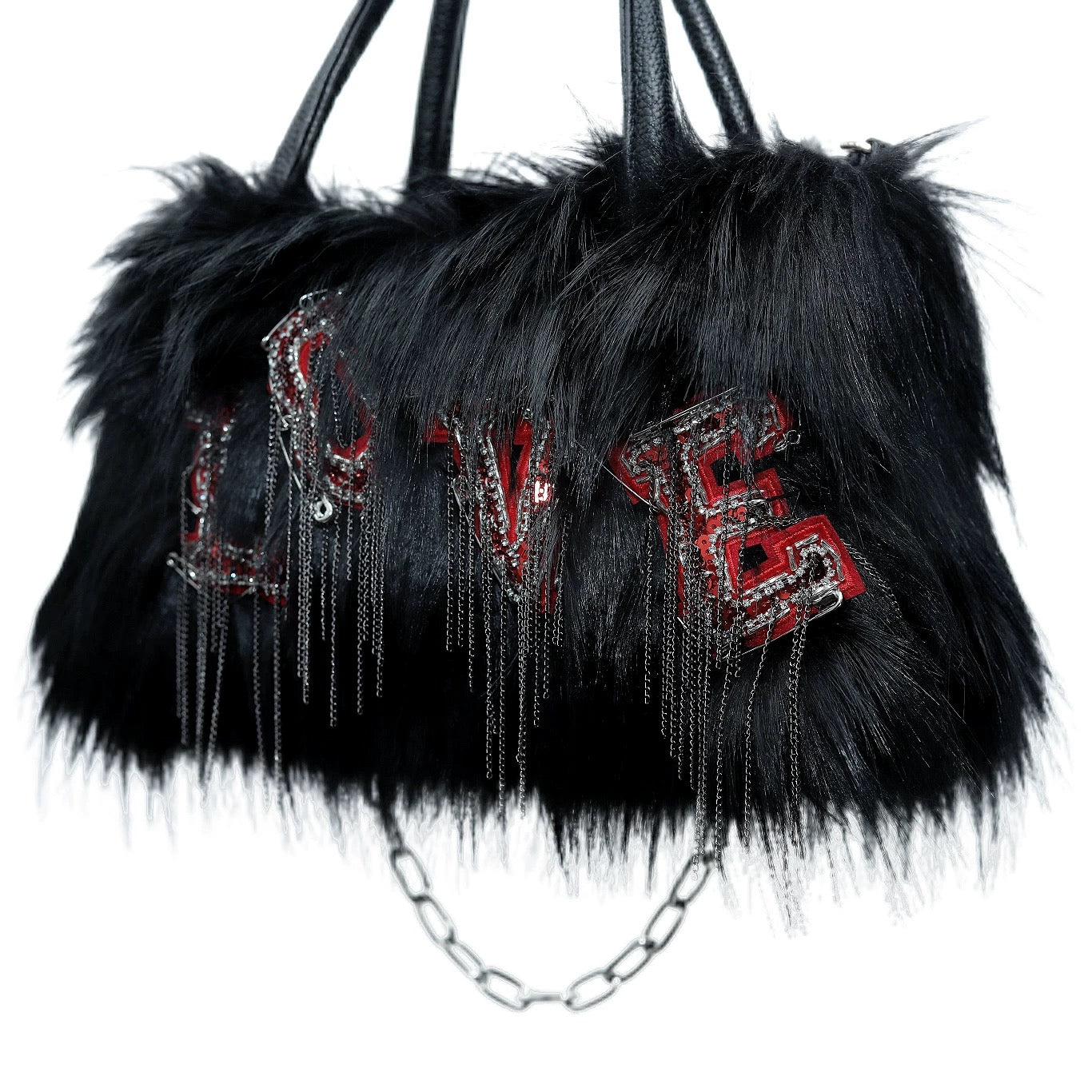 Edgy Black Faux Fur Love Embellished Bag|width 35cm| height 33cm