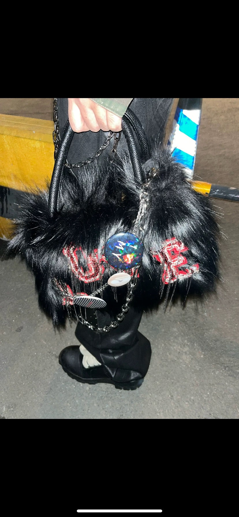Edgy Black Faux Fur Love Embellished Bag|width 35cm| height 33cm