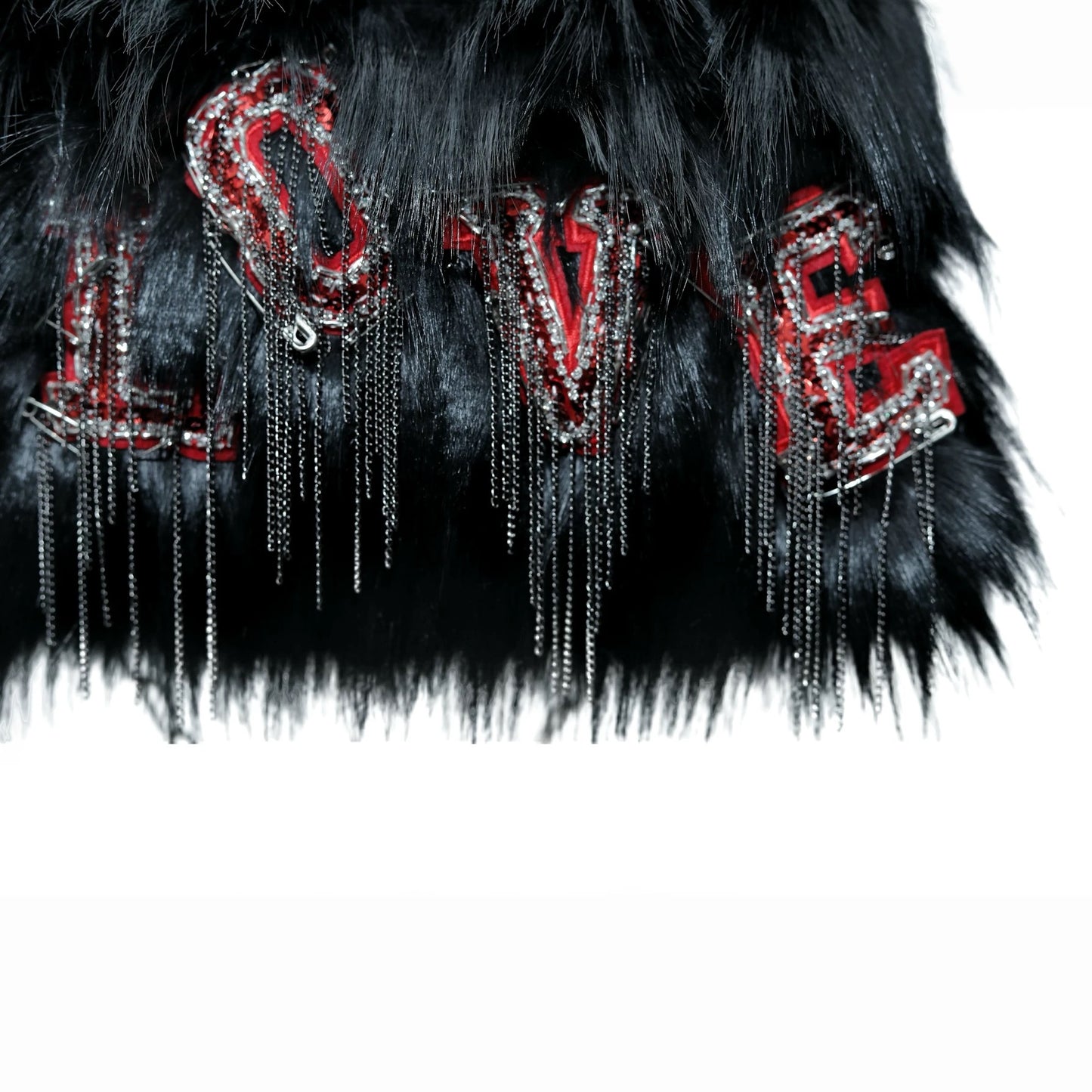 Edgy Black Faux Fur Love Embellished Bag|width 35cm| height 33cm