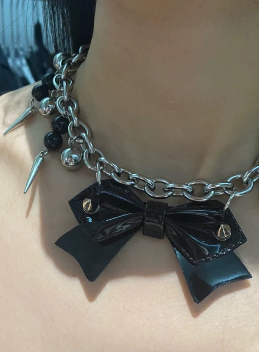 Black Bow Knot Necklace with PU and Stainless Steel | Fashion Statement Jewelry