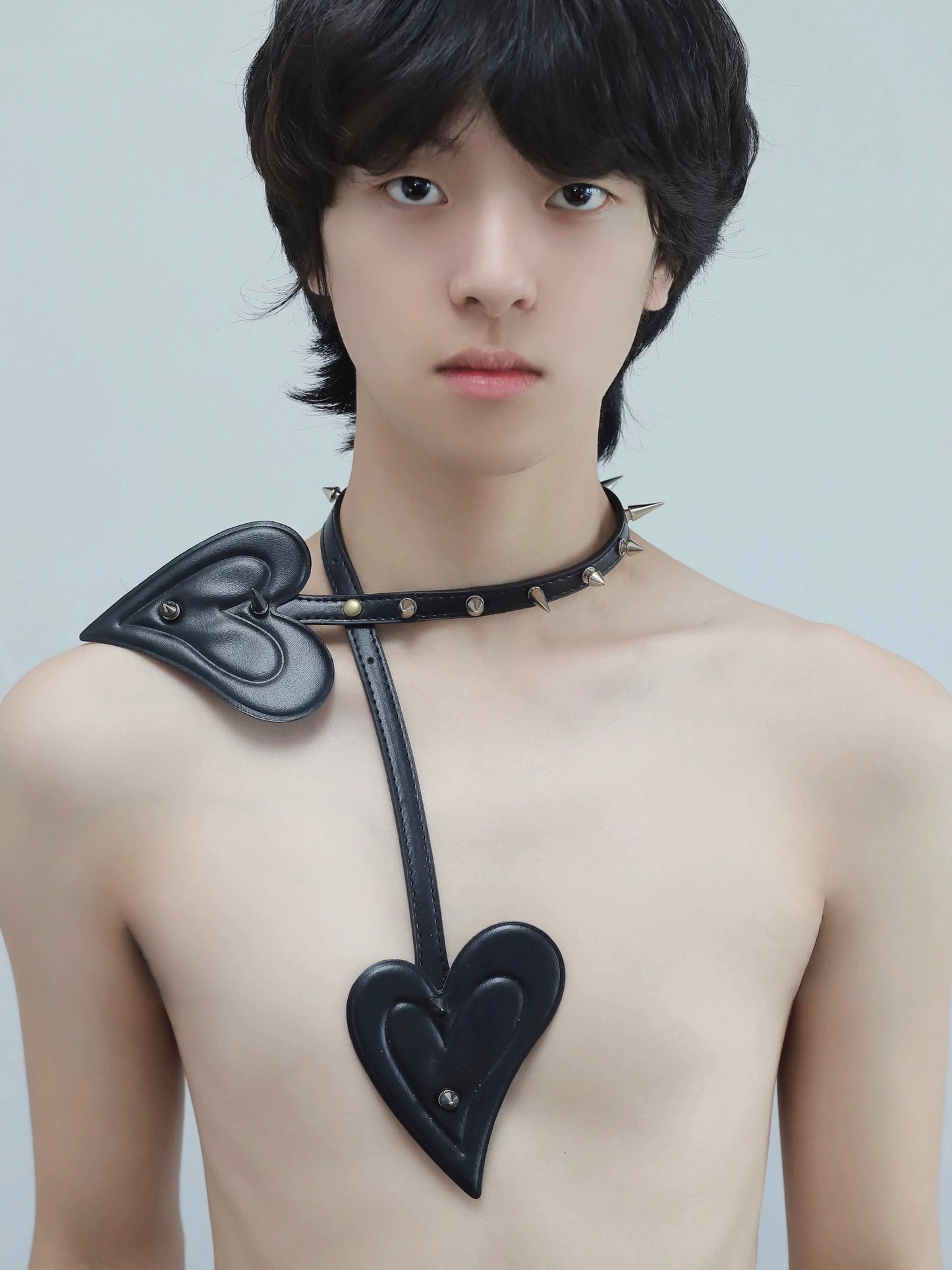 Adjustable Leather Heart Necklace with Studs | PU & Stainless Steel Jewelry｜length 72cm