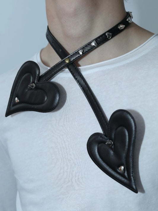 Adjustable Leather Heart Necklace with Studs | PU & Stainless Steel Jewelry｜length 72cm
