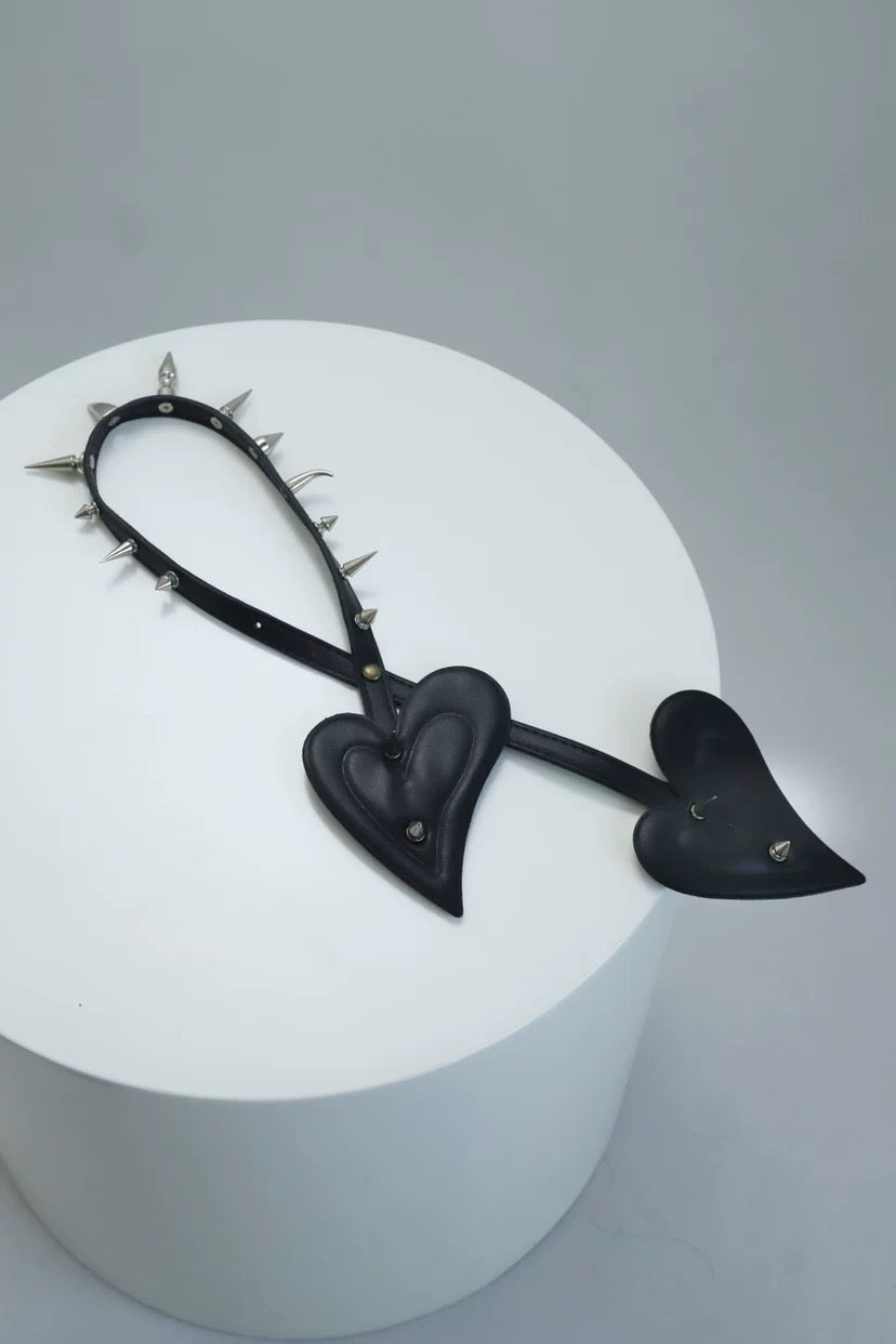 Adjustable Leather Heart Necklace with Studs | PU & Stainless Steel Jewelry｜length 72cm
