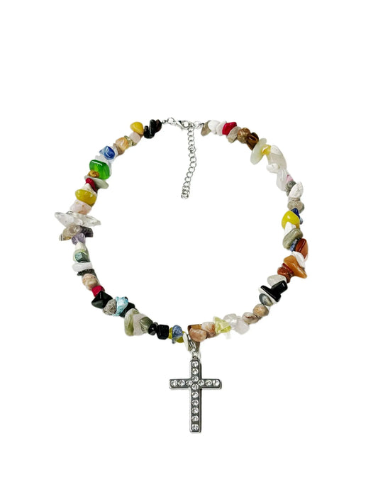 Colourful malachite beaded necklace with a zircon cross